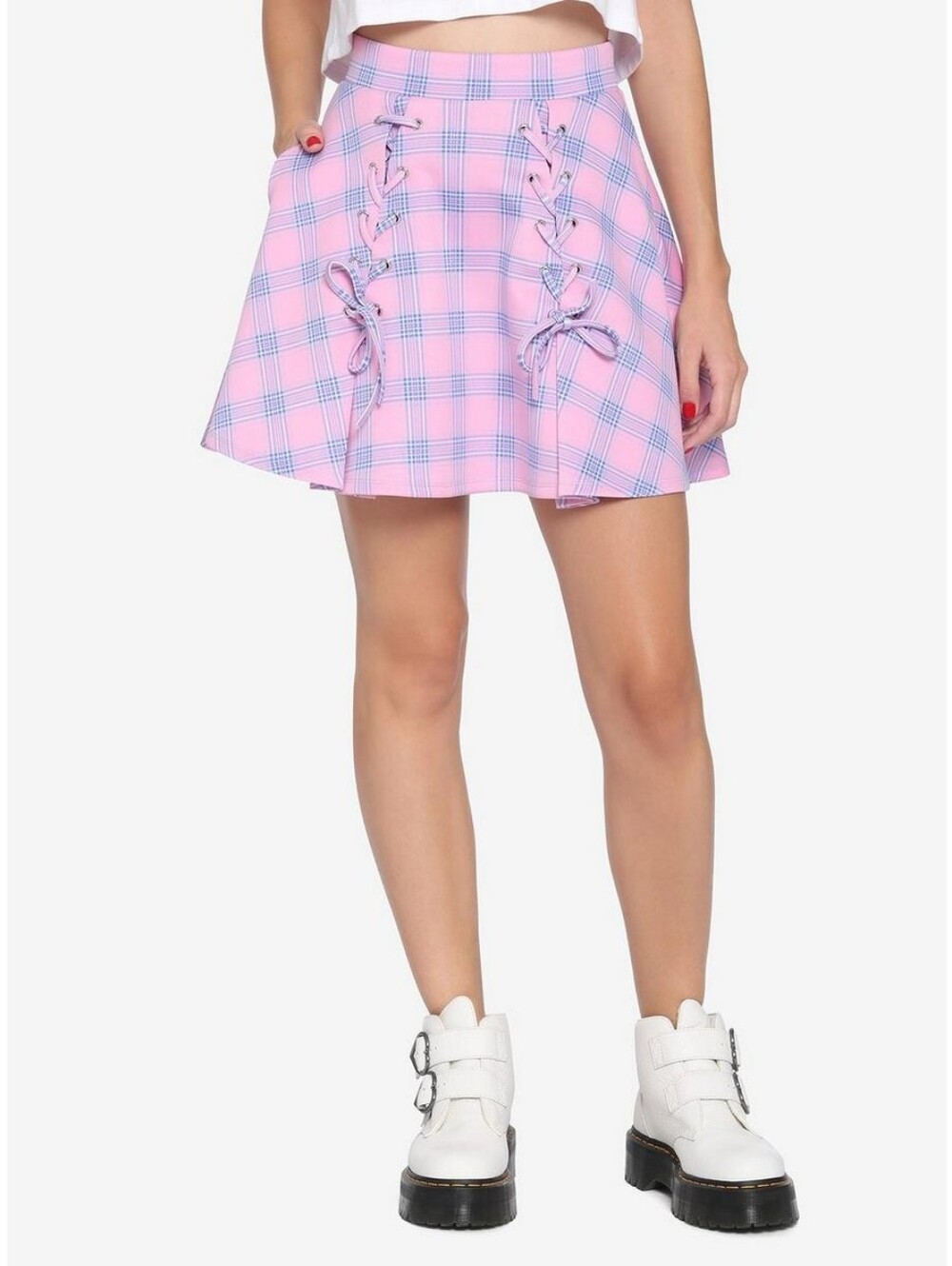 Hot Topic Pink Plaid Lace-Up Flared Mini Skirt